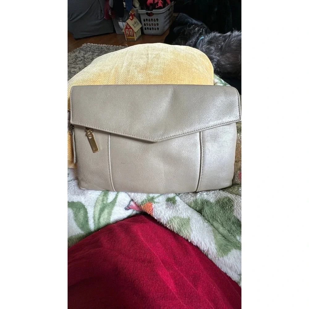 Cabin Creek Taupe Beige Genuine Leather Envelope Clutch Bag Gold Tone Hardware